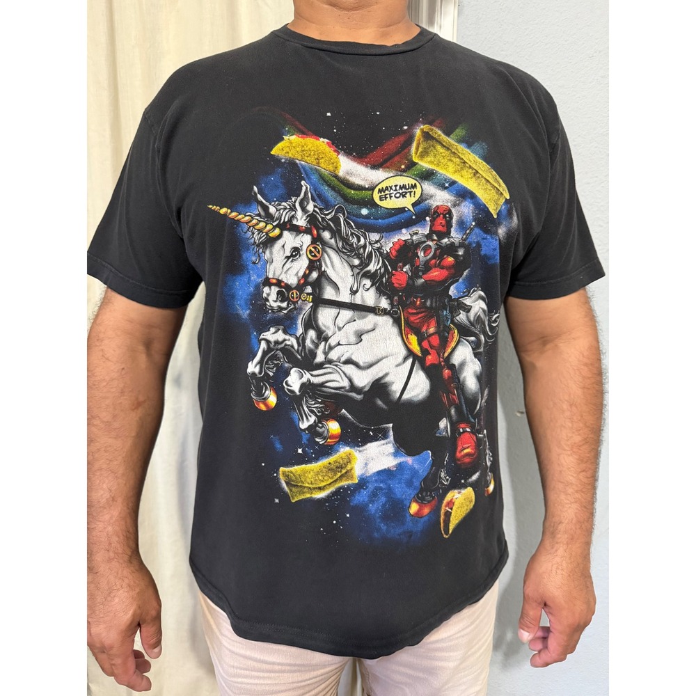 Marvel Deadpool Men T-Shirt XL Riding Unicorn Maximum Effort Graphic Black Movie